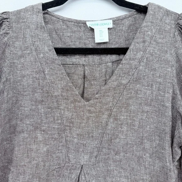 Cynthia Rowley Womens Brown Linen Blend Puff Sleeve V-Neck Shift Dress Size 8 - Picture 4 of 5